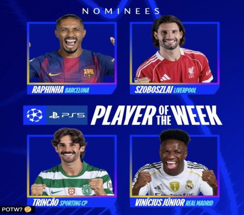 本周歐冠最佳球員候選：拉菲尼亞、索博、特林康、維尼修斯