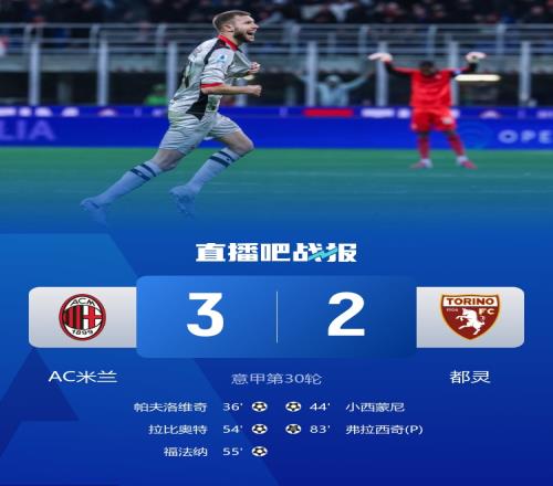 米蘭戰勝都靈收獲關鍵三分帕夫驚艷世界波拉比奧特與福法納短時間連入兩球_意甲直播