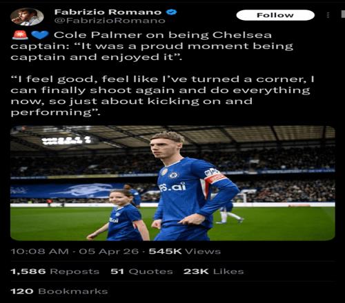 帕爾默23歲戴上隊長袖標：傷停8周后終于能射門了