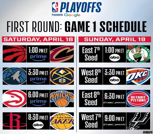 NBA季后賽首輪賽程：周日1點(diǎn)猛龍騎士開打，8點(diǎn)半湖人戰(zhàn)火箭