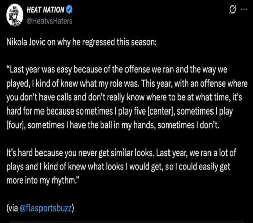 熱火花了3年培養(yǎng)約維奇，他一句話承認跟不上新體系