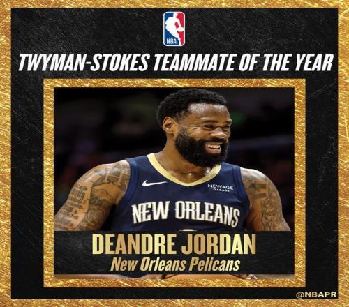 NBA官方：新奥尔良鹈鹕中锋德安德烈乔丹荣膺年度最佳队友奖