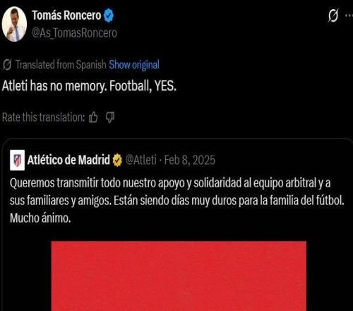 龙赛罗社媒转发马竞支持裁判旧帖,回应马竞近期炮轰裁判判罚