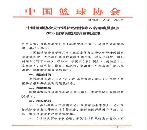 中国男篮短训营增补8名球员，山东高速男篮队长高诗岩在列