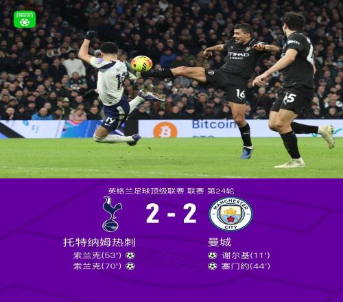 劍南春曼城連丟兩球22熱刺，索蘭克雙響+蝎子擺尾神仙球