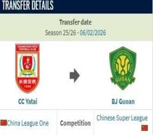 德轉：王禹是自由轉會至國安，此前他與亞泰還有一個賽季合同