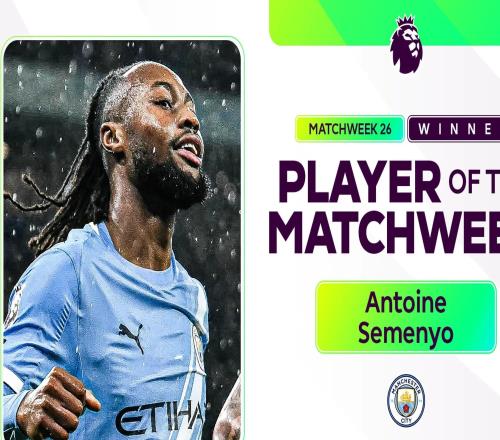 官方：曼城前鋒塞門約當(dāng)選英超第26輪最佳球員