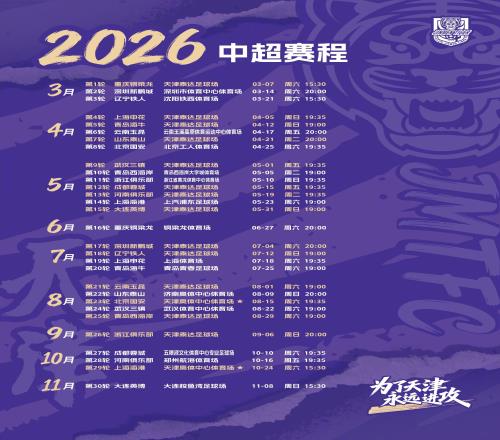 2026賽季津門虎中超賽程：首戰(zhàn)銅梁龍，在奧體迎戰(zhàn)國安海港