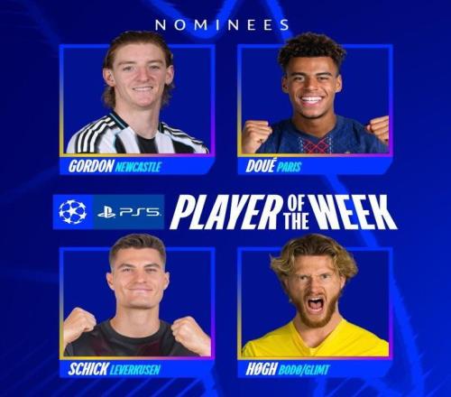 歐冠附加賽首回合最佳候選：戈登、杜埃、?？?、卡斯帕霍