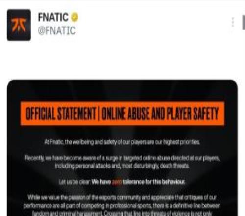 FNC俱樂(lè)部發(fā)布聲明保障選手安全：對(duì)網(wǎng)絡(luò)暴力與死亡威脅零容忍