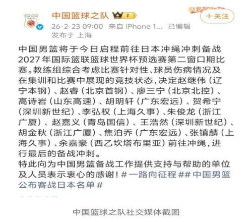 中國男籃公布世界杯大名單