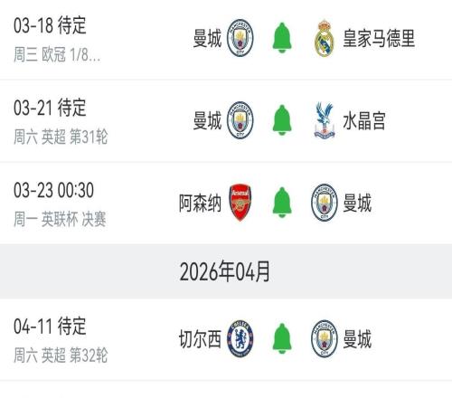 曼城將迎魔鬼賽程：3月下旬開始連戰(zhàn)皇馬、槍手、藍軍、槍手