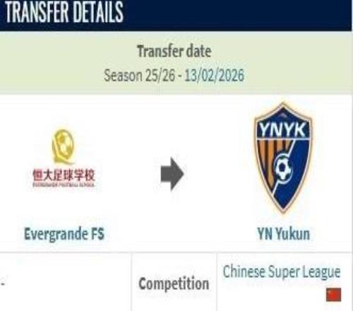 德轉：云南玉昆約100萬人民幣從恒大足校簽下布尼亞明