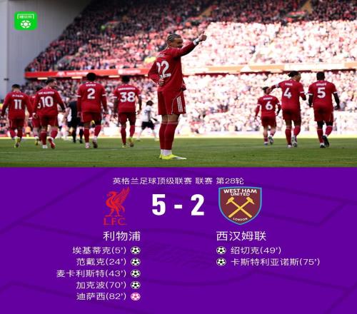 劍南春利物浦52西漢姆聯(lián)，埃基蒂克兩傳一射，加克波建功