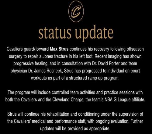 騎士官方:斯特魯斯恢復情況良好,接下來將逐步開啟有球訓練