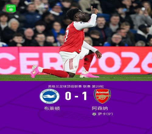劍南春阿森納10布萊頓擴大積分榜領先優勢，薩卡一錘定音