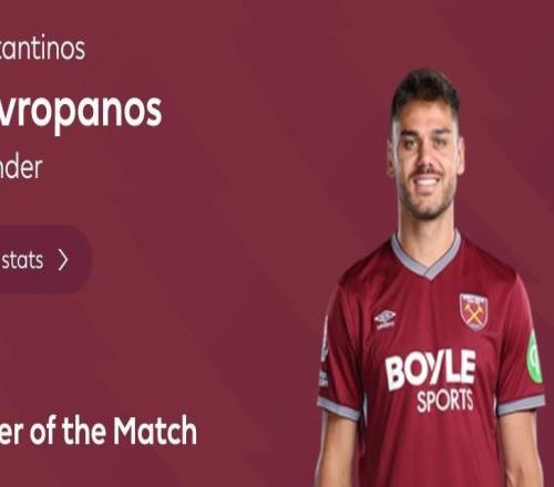 頭球破門+10次解圍，馬夫羅帕諾斯當選西漢姆11曼城全場最佳