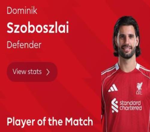 任意球破門，索博斯洛伊當選利物浦vs熱刺全場最佳球員