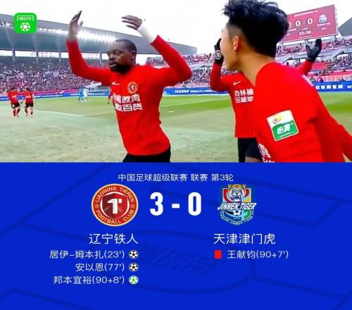 鐵人30津門虎迎中超首勝，姆本扎、安以恩、邦本宜裕建功，王獻鈞直紅