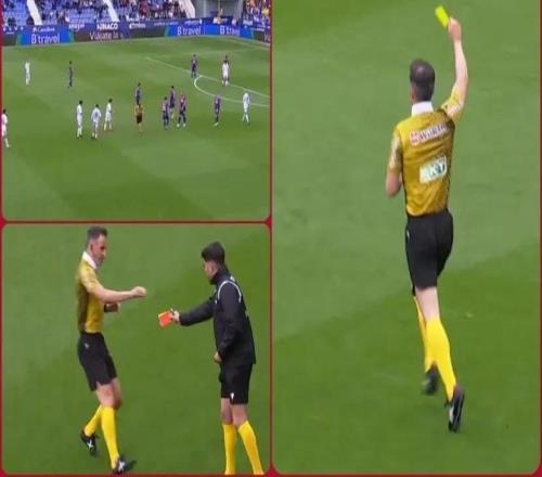 西乙主裁判準(zhǔn)備出牌時發(fā)現(xiàn)自己沒帶牌，到場邊向第四官員借牌