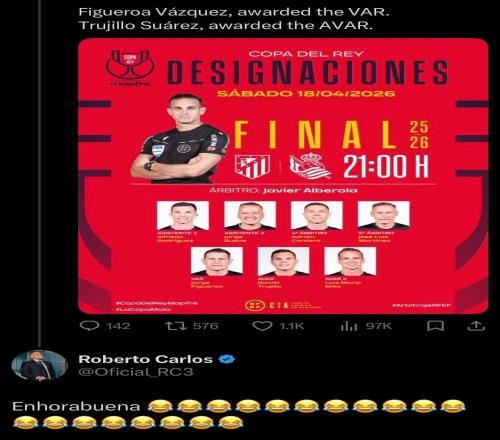 皇馬vs赫羅納主裁將執法國王杯決賽，卡洛斯社媒嘲諷：恭喜啊