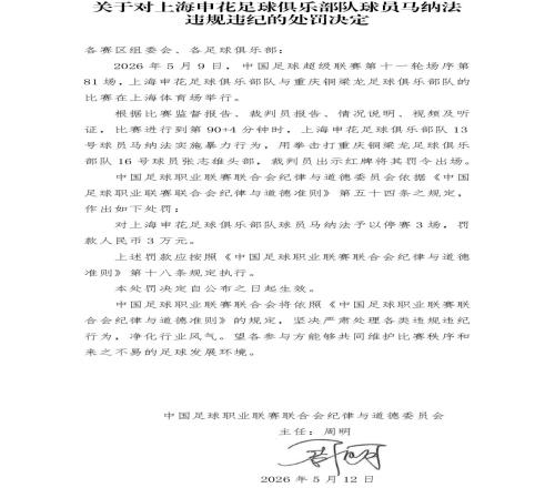 官方：申花外援馬納法因?qū)嵤┍┝π袨椋煌Ｙ?場(chǎng)，罰款3萬(wàn)元
