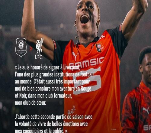 雅凯:我非常荣幸加盟利物浦,下半赛季将全力助雷恩圆满收官