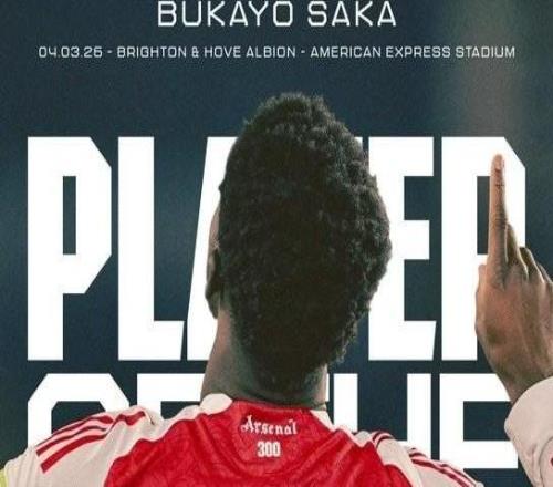 打入全場唯一進球，薩卡當選與布萊頓一役阿森納隊內最佳球員