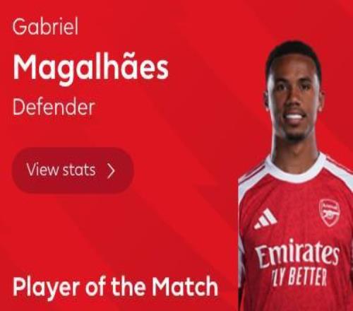 定海神針，加布里埃爾當選阿森納vs埃弗頓全場最佳球員