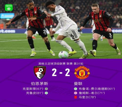 劍南春曼聯(lián)22伯恩茅斯，B費點射+造烏龍，馬奎爾染紅送點