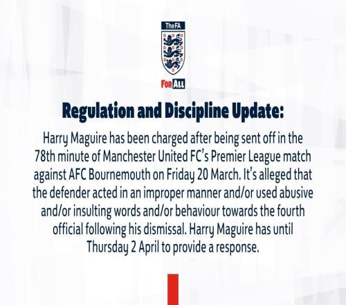 官方:因对阵樱桃染红后对四官行为不当,马奎尔被英足总指控