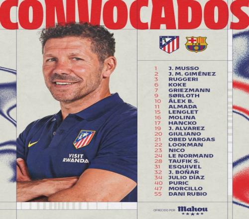 马竞主场对阵巴萨的名单揭晓阿尔瓦雷斯带队锋线青训小将们齐上阵_西甲直播