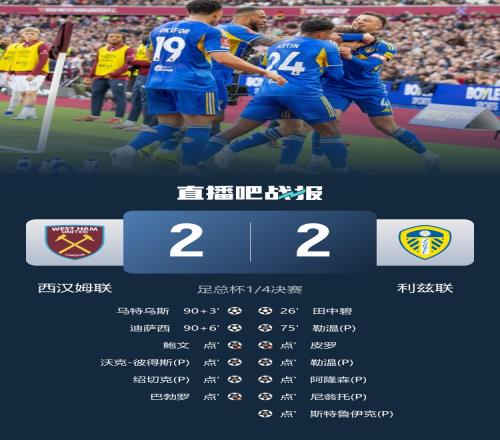 利茲聯通過點球大戰以64戰勝西漢姆聯晉級足總杯四強巴勃羅鮑文罰失點球_足總杯直播