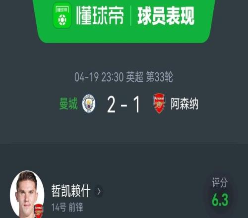 出场14分钟0射门0传球0触球，与曼城一役哲凯赖什数据全部挂零