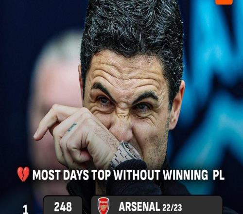 英超无冠领跑天数榜：本赛季枪手领跑200天，此数据或将成为榜单第3