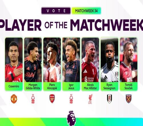 英超官方第34轮最佳球员候选：卡塞米罗、麦卡利斯特在列