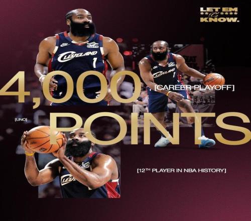 里程碑！哈登季后赛生涯总得分突破4000分历史第12人