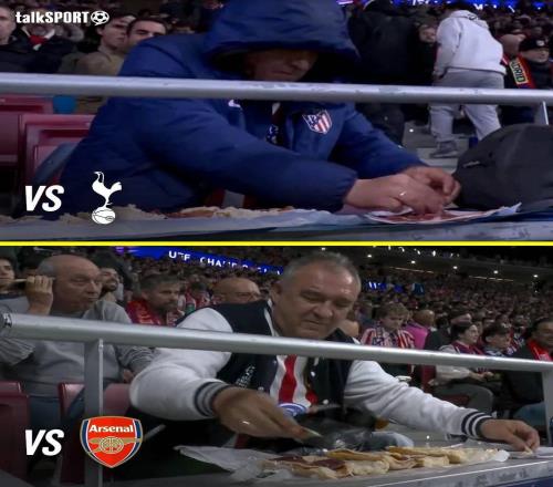 又是你暨对阵热刺后，马竞球迷今天又在看台上制作三明治