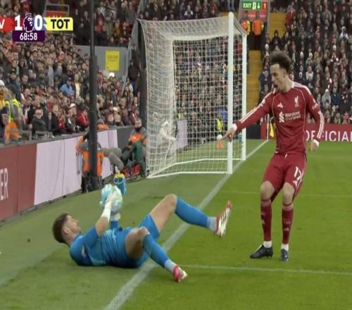 维卡里奥抱球明显滑出底线，裁判却未给利物浦角球