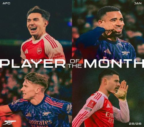 阿森纳1月最佳候选：哲凯赖什、苏比门迪、热苏斯、马丁内利