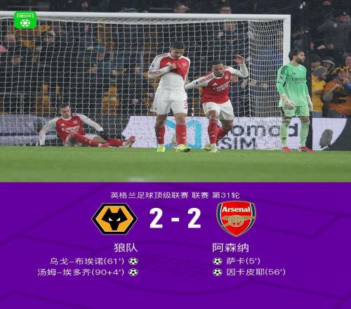 剑南春狼队22绝平阿森纳，萨卡破门，因卡皮耶首球