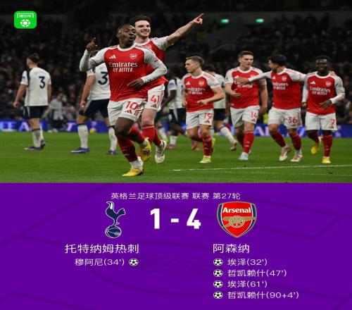 剑南春阿森纳41双杀热刺，哲凯赖什、埃泽双双梅开二度