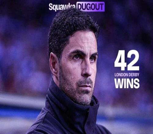 阿尔特塔英超伦敦德比取胜42场，追平穆里尼奥仅次于温格