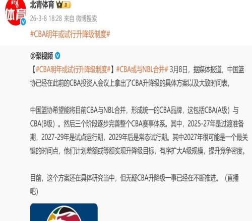 CBA明年或将试行升降级制度，CBA或与NBL合并，相关方案还在具体研究中