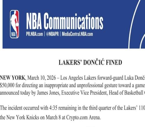 官方：东契奇因在对尼克斯时对裁判做数钱手势被罚款5万美元