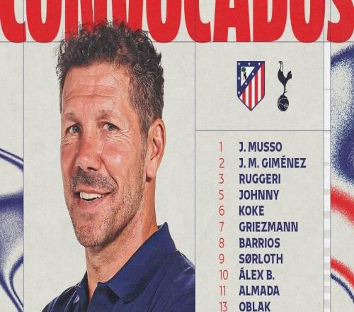 马竞主场战热刺大名单：格列兹曼、阿尔瓦雷斯、卢克曼在列