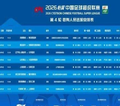 中超第4轮裁判：万涛执法泰山战英博甄伟吹辽京战