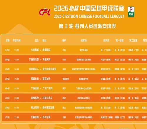 中甲第3轮裁判：麦麦提江执法长春亚泰vs苏州东吴