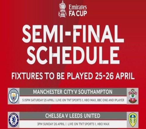 足总杯半决赛开球时间：曼城4月26日0015，切尔西26日22点